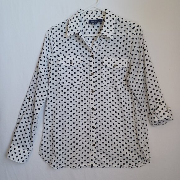 Jones New York Blouse White Black Apple Print Roll Tab Sleeves Womens Medium - Picture 2 of 7